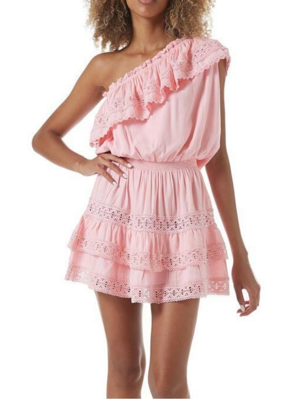 Melissa Odabash Debbie One Shoulder Ruffle Tiered Mini Dress, Blush Pink – M